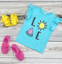 Load image into Gallery viewer, Summer Love shirt and black ruffle shorts
