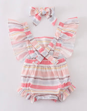 Load image into Gallery viewer, Retro Pink stripe romper with headband
