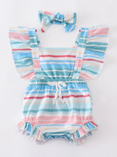 Load image into Gallery viewer, Retro Blue stripe romper with headband
