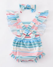 Load image into Gallery viewer, Retro Blue stripe romper with headband
