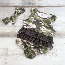 Load image into Gallery viewer, Pete + Lucy Camo Cuties Infant girl’s romper
